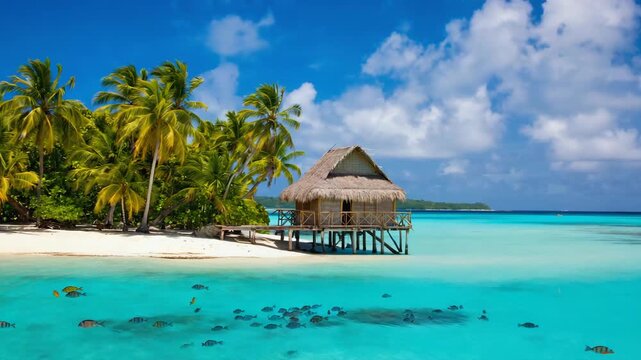 Clear tropical ocean water gently lapping wooden stilts with fish swimming below