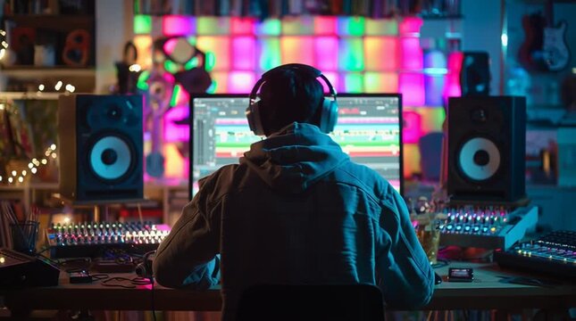 A music producer working in a studio with colorful lights and sound equipment in a video