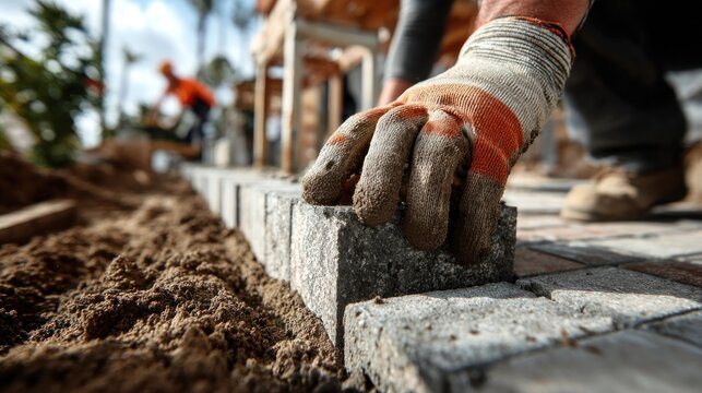 Construction worker in gloves carefully laying down bricks for a patio or pathway on a sunny day