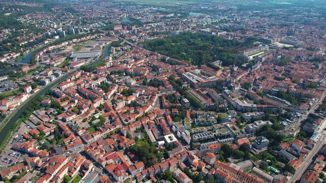 Aerial view around the old town in the city Nancy in France on a sunny  summer noon.