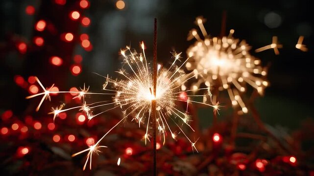 Golden Sparklers Burning in the Dark with Red Fairy Lights Festive Background