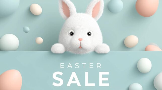A cute white bunny surrounded by colorful Easter eggs in a sale video
