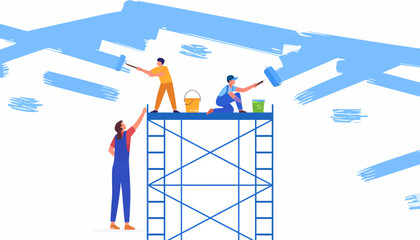 Workers Painting on Scaffolding Structure Together.