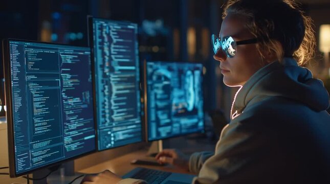A man in a dark room working on computer code on multiple monitors at night