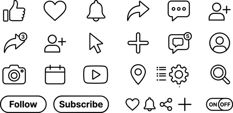 social media interface icons set with like heart bell share message user play camera calendar location and search symbols vector collection isolated on transparent background
