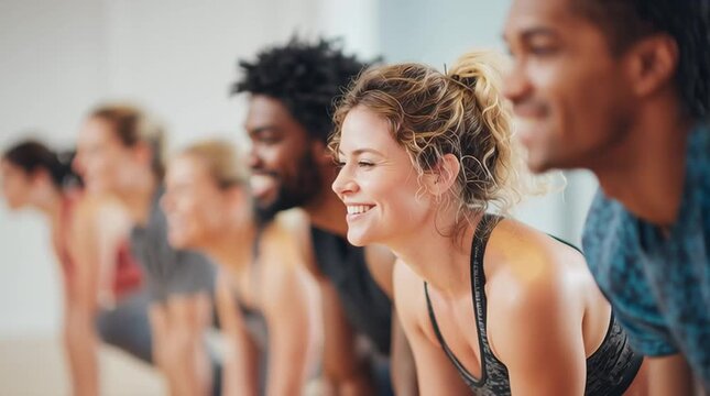 A group of people exercising in a modern gym during a video workout session