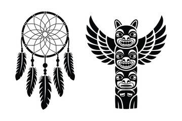 Fototapeta premium Dream catcher and totem pole icons - vector silhouette set