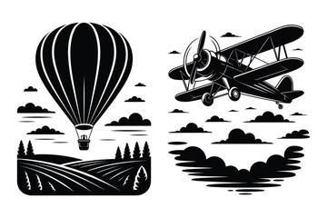Hot air balloon and biplane icons - vector silhouette set © Sadek