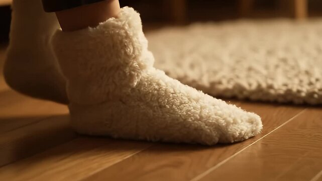 A person wearing fuzzy socks stands on a wooden floor beside a fluffy rug in a cozy indoor setting viewed from the side.