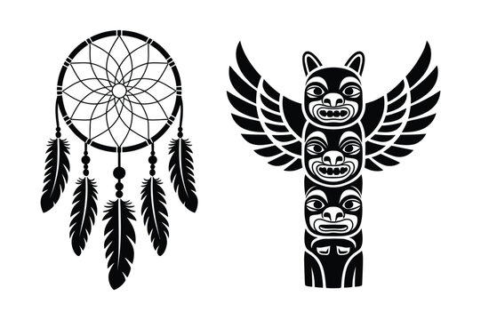 Dream catcher and totem pole icons - vector silhouette set