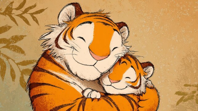 Sweet tiger hugs little tiger in a cartoon drawing. This animal picture shows nature's cuteness.