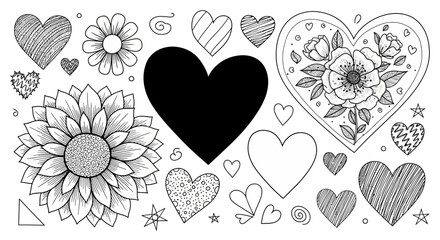 Fototapeta premium Collection of Hand Drawn Heart and Flower Sketches for Romantic and Decorative Themes