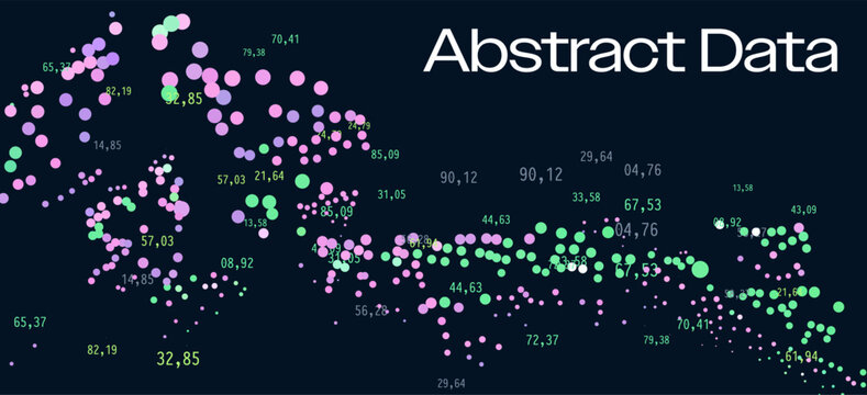Scattered vibrant circles with numerical coordinates form abstract data field on black. Conceptual vector illustration for scatter plots, data visualization.