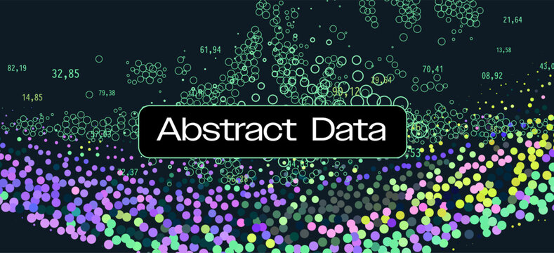 Scattered vibrant circles with numerical coordinates form abstract data field on black. Conceptual vector illustration for scatter plots, data visualization.
