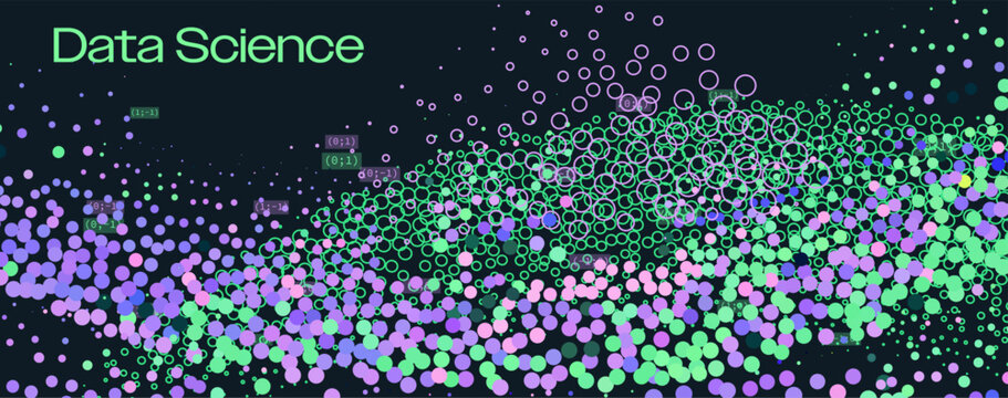 Scattered vibrant circles with numerical coordinates form abstract data field on black. Conceptual vector illustration for scatter plots, data visualization.