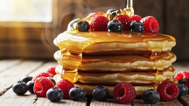Delicious pancakes with fresh berries and honey pouring