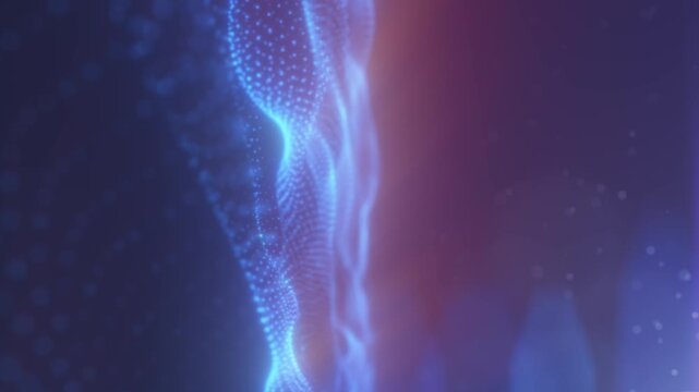 Blue digital particle wave landscape with soft lens flar