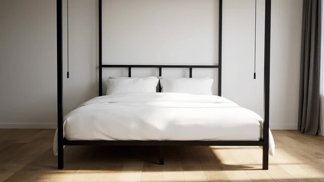 Morning Serenity: Sunlight Shifting Across a Minimalist Four-Poster Bed in a Modern Bedroom