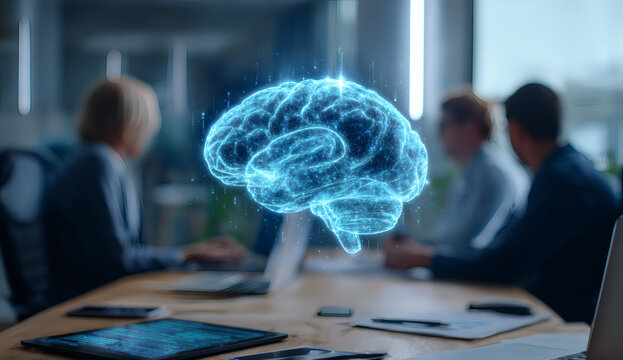 Professional team working in a modern office with a large glowing blue digital brain hologram representing artificial intelligence and innovation