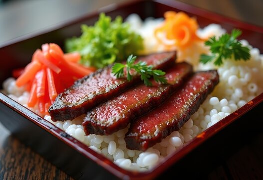 Beef Teriyaki Served on Lacquered Bento Tray with Pure White Steamed Rice and Artistic Arrangement