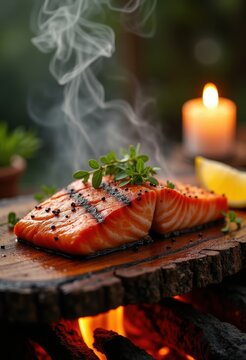 Cedar Plank Barbecued Salmon Fillet Served with Zesty Lemon Wedge Rustic Board