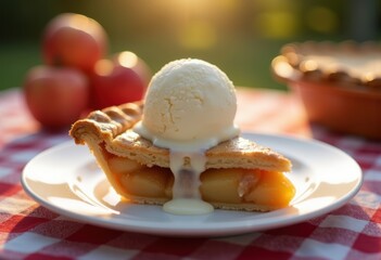 Enticing Apple Pie Slice Accented by Creamy Vanilla Scoop on Classic Checkered Picnic Cloth Setting