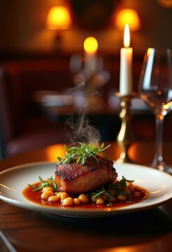 Elegant Duck Confit with Crispy Skin in Candlelit Bistro Ambiance Luxurious Dining Experience