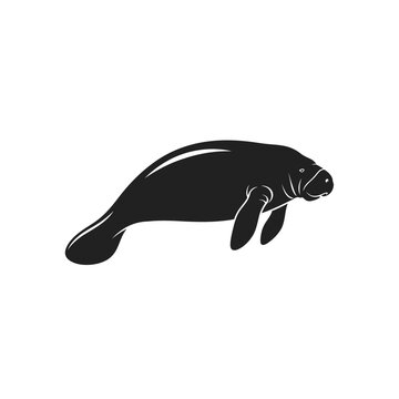 Silhouette of a manatee swimming in the ocean, isolated on white background.