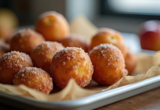 Golden Apple Fritters Infused with Cinnamon Sugar on Parchment-Lined Tray