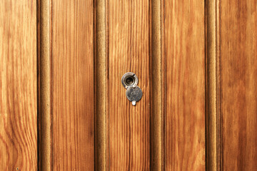 Wooden door texture with metal peephole in vertical boards. Natural wood surface with door viewer detail. Rustic entrance door background with timber planks and security element.