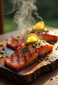 Grilled Salmon Fillet Sizzling on Cedar Plank Board with Fresh Lemon Presentation