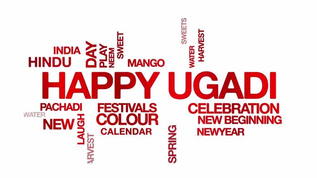 Happy ugadi concept Animated Tag Word Cloud kinetic typography, Text Design Animation typography seamless loop video motion graphics Intro Wordart festive red type on white background bg backdrop