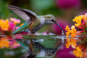 Fototapeta premium Hummingbird hovers over water, sipping nectar from an orange flower