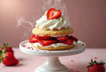 Strawberry Shortcake Layers Delicately Arranged on White Cake Stand Whipped Cream Sugar Overload Temptation
