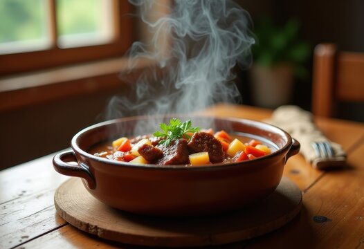 Steaming Beef Stew Ceramic Bowl Farmhouse Table Warm Comfort Environment