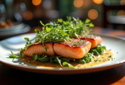Wild Caught Salmon Fillet Fresh Herb Microgreens Decor Fine Dining