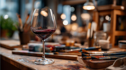 Fototapeta premium Wide bright flat lay of a painter's workspace viewed from above a half filled wine glass resting on a paint splattered wooden surface vivid artist brushes and open