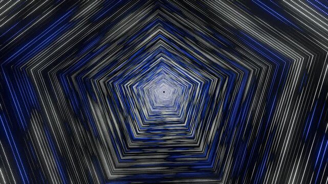 Blue pentagon vortex tunnel with layered geometric rings rotating into deep black center
