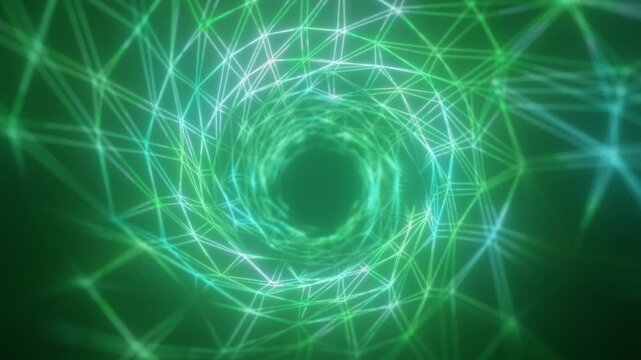 Green glowing wireframe vortex ring with polygon lines and sparkles