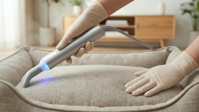 Gloved hands cleaning a pet bed with a modern sanitizing device for pet hygiene and home cleanliness concept in a bright interior