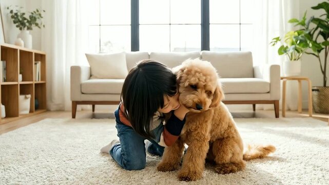 Young asian girl embracing her golden doodle dog while smiling happily in a bright modern living room for pet ownership concept and childhood joy