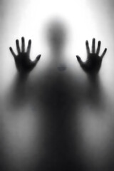 Blurry silhouette of a person pressing hands on glass