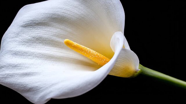 A close-up view of a calla lily, featuring a white petal and yellow stamen against black