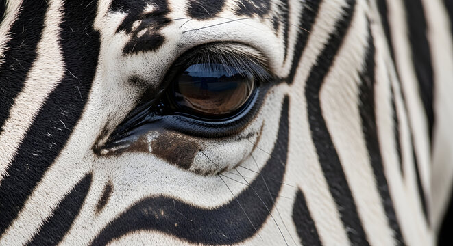 A close-up view of a zebra's eye surrounded by black and white stripes.