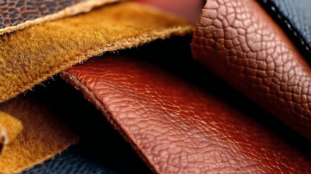 Collection of natural leather samples of different brown shades and textures in a closeup view.