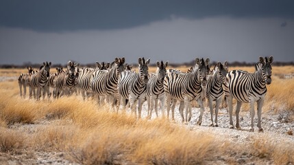 Fototapeta premium Zebras gather in a line, creating a safari background with wild African animals. This panoramic view shows plains zebras on the savanna in Etosha National Park, Namibia.