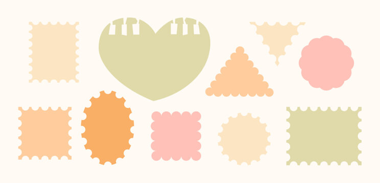 Delicate pastel collection of postage stamp designs in various shapes. Vintage set for digital scrapbooking, journaling, packaging, stickers. Square, circle, oval, heart, rectangle, triangle.