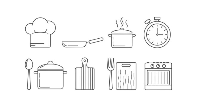 A collection of outlined culinary items featuring various kitchen tools against a clean backdrop