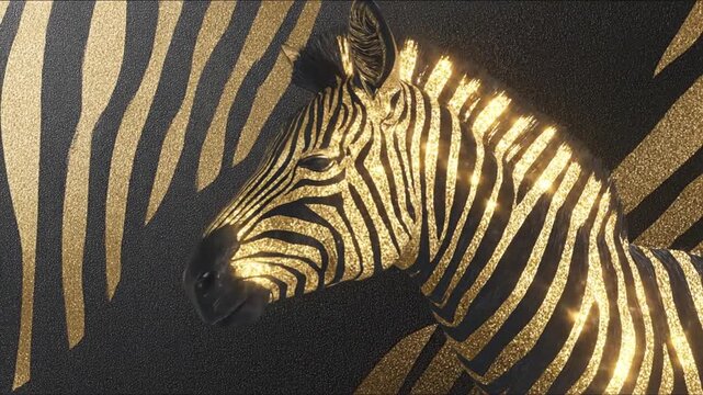Close-up of a golden zebra against a textured, dark background. Focus on head, details highlighted