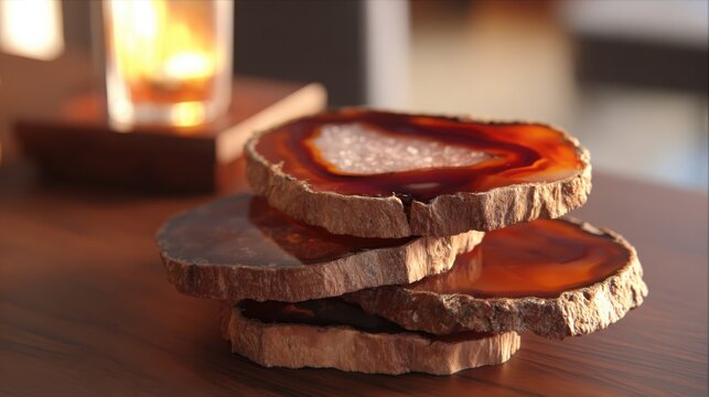 Polished red agate coasters stacked neatly, showcasing natural beauty and warmth of stone